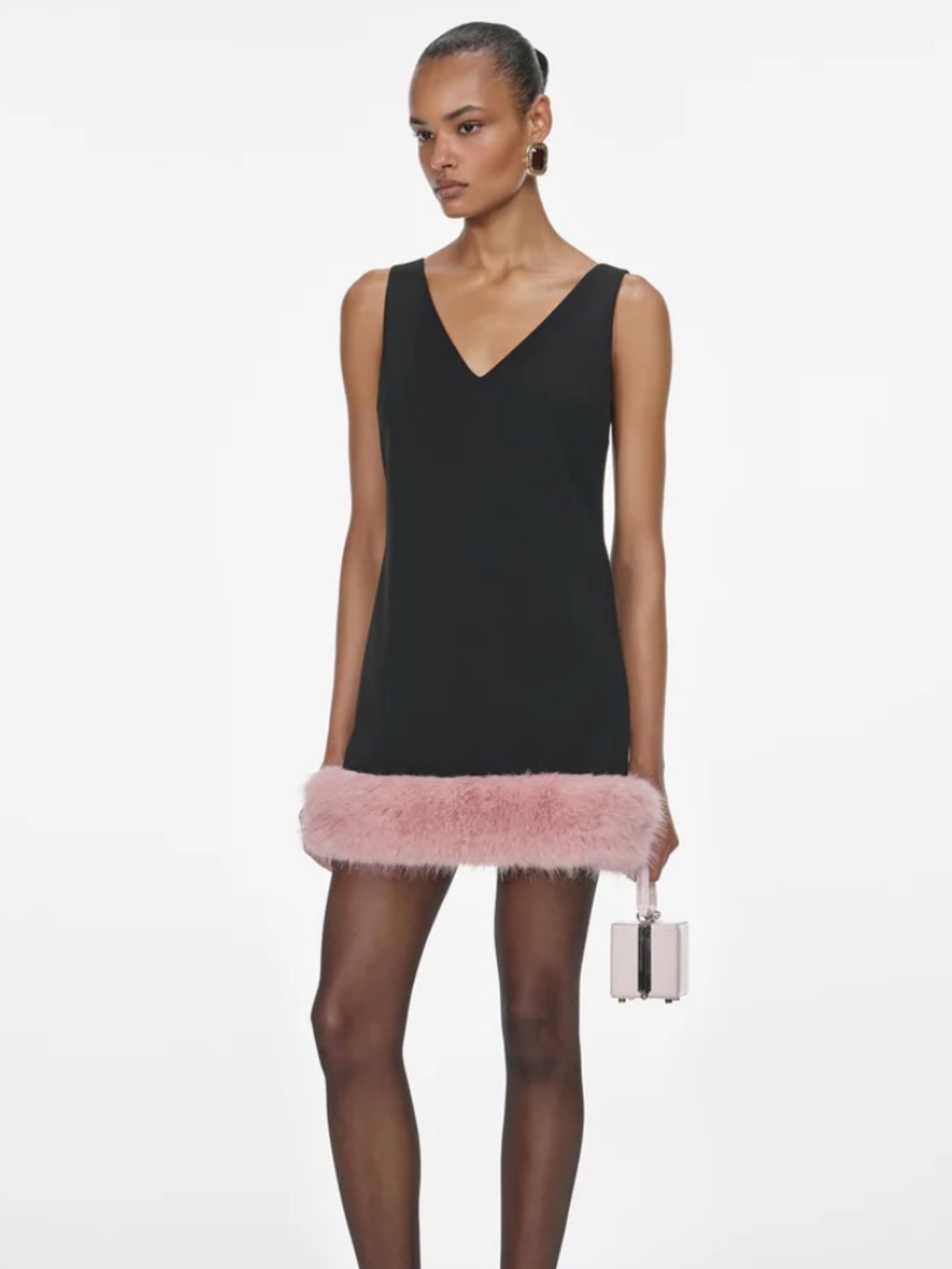 Self-Portrait Black Mini Dress with Pink Fur Hem